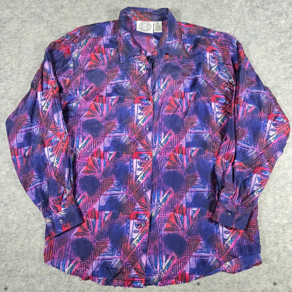 Erika & Company 100% Silk Womens Purple Abstract Geometric Button Down Blouse M